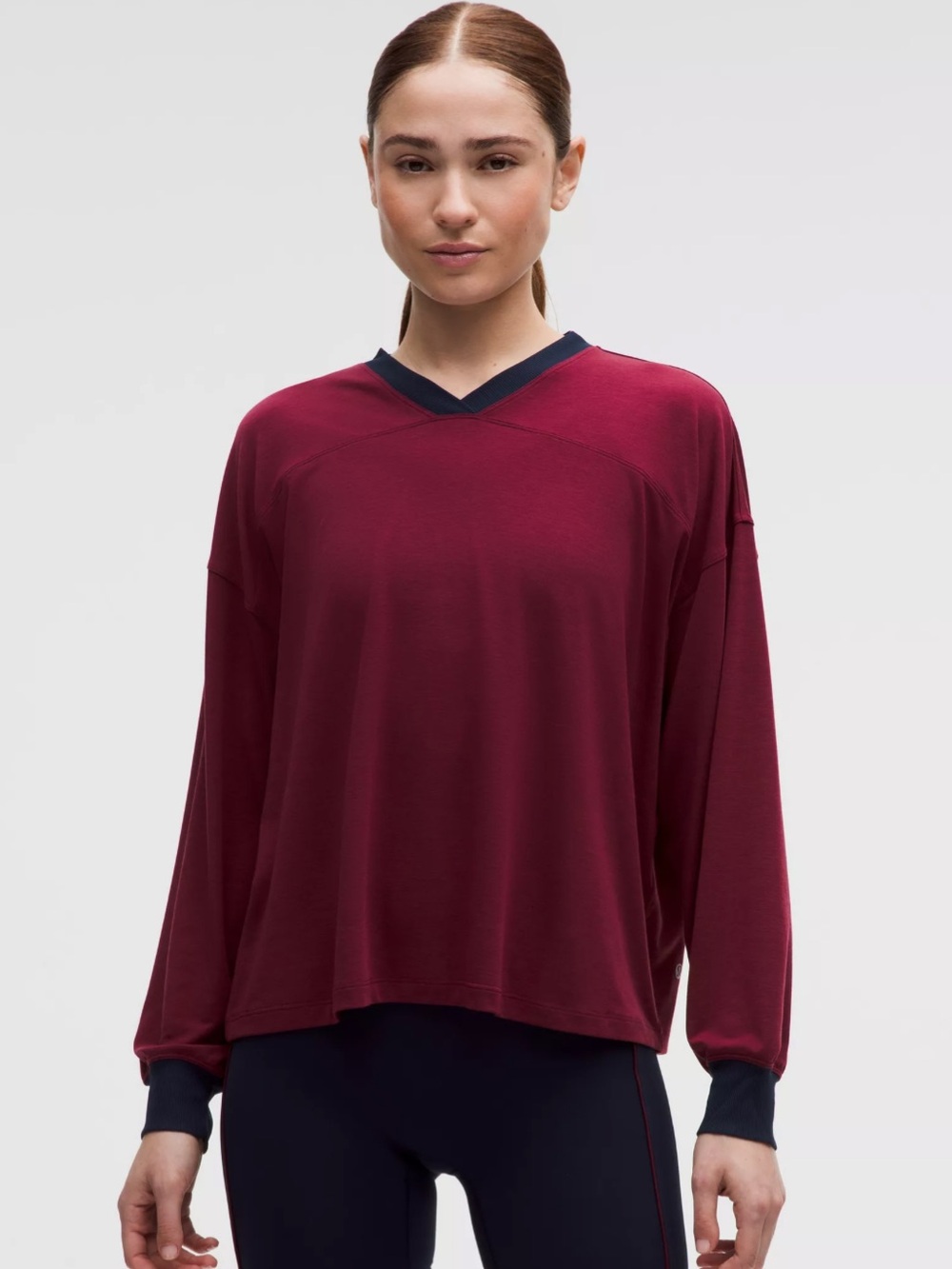 Lululemon Burgundy Bay True Navy Jersey Training V Neck Long Sleeve Top Sz. S